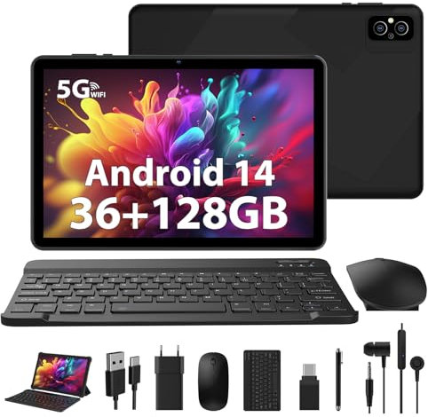 WOREGOO Tablet de 10 Pulgadas, Android 14 Tablet táctil 36G RAM + 128G ROM, 5G WiFi, Octa-Core 2.0 GHz, 8000mAh, 1280 * 800 HD, Cámara 5MP+8MP con Teclado/Ratón/Funda -Negro