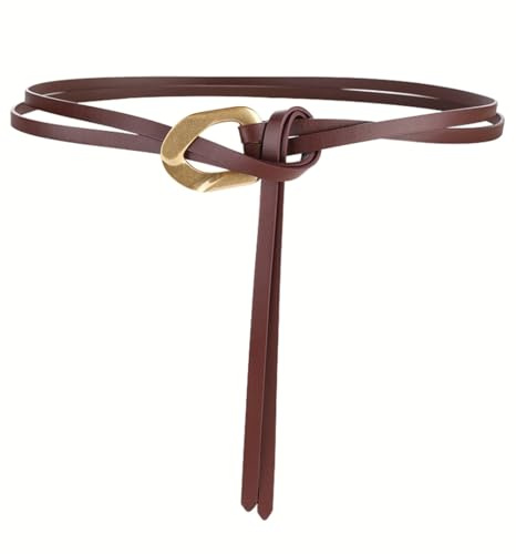 JRMLPL Women Double Strap Tie Belt Genuine Leather Gold Buckle Waist Belt Dress Corset, Coffee, One Size