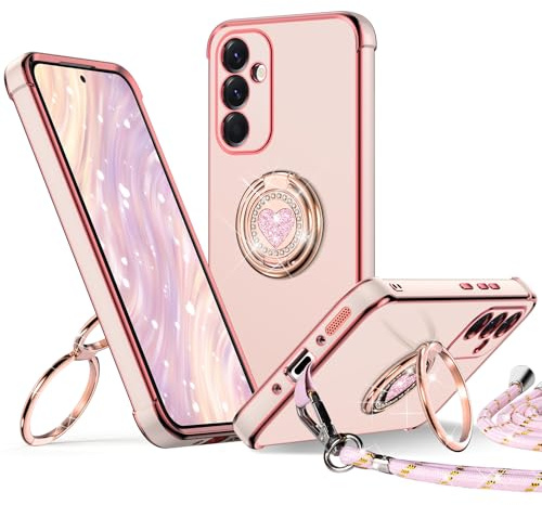 XYZ Fodral för Samsung Galaxy A56 5G med dragsko, rosa | Dubbel hjärtstödsring, för flickor och kvinnor, sött och glittrande lyxigt skyddsfodral