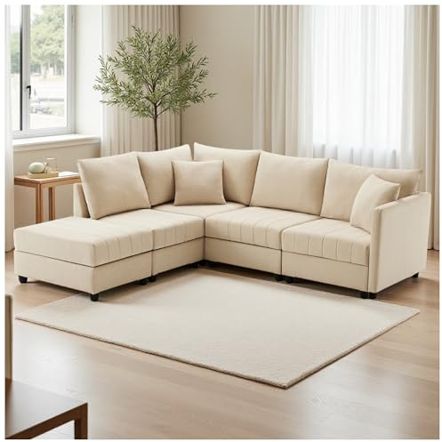 Wyibwy Divano moderno ad angolo, 220x194x85cm, divano a 5 posti, divano a L con poggiapiedi trasformabile e 2 cuscini, a righe verticali, divani combinato,sofa,Beige