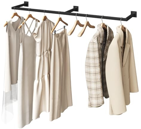 eSituro Perchero Pared, Riel Ropa Colgante, Barra Perchero Colgador, Tubo Metálico Rectángulo para Ropa, Estilo Industrial, para Pasill,o Cocina, Salón, Baño, 140 cm, Negro