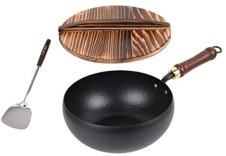 MotiveTech Non-stick Wok, Uncoated Cookware, Wooden Handle, Stir Fry Pan, Chinese Wok for Restaurant, Camping, Kitchen, Hotel And, Hammer pattern