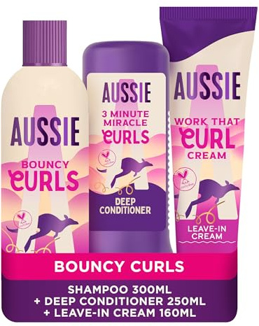 Aussie Curls Bundle: Bouncy Curls Shampoo 300ml, 3 Minute Miracle Deep Conditioner 250ml, Aussie Work That Cream 160ml