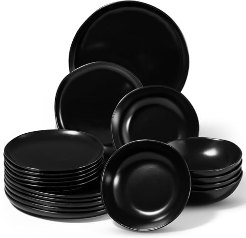Onader 18 Piece Reactive Glaze Dinner Set for 6 People, Classic Black | Porcelain Dinner Sets, Irregular Round Stoneware Dinnerware Service for 6, Plates and Bowls, Dishwasher & Microwave Safe