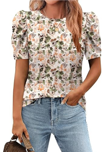 Zeagoo Kortärmad T-shirt dam sommar rund hals elegant T-shirt med putsade ärmar tunika topp