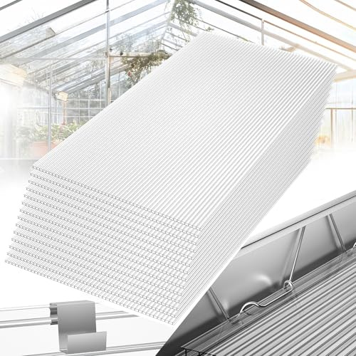 YRHome 12 Stück Polycarbonat Hohlkammerstegplatten UV beständigem Doppelstegplatte Gewächshausplatten 605x1210x4mm Stegplatte Hohlkammerplatten für Gewächshaus mit 50 Klammern & 50 Z Clips