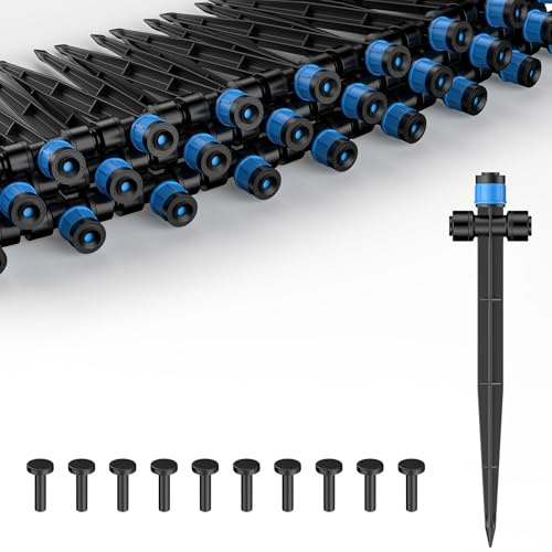 Pawfly 30 goteros para manguera de 0,64 cm, boquillas de riego por goteo bidireccionales con flujo de agua ajustable a 360°, gotero con estaca y tapas finales