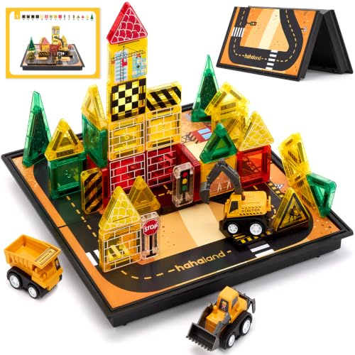 hahaland Costruzioni Magnetiche da Viaggio 42 Pezzi, Tessere Magnetiche Bambini 3+ Anni Tema Cantiere con Veicoli, Giochi Magnetici per Viaggi in Auto e Aereo, Regalo Compleanno 3 4 5 anni