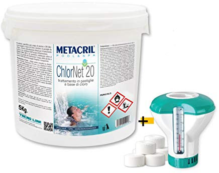 Metacril Chlor Net 20 + Dosificador Flotante con termómetro, 20gr tabletas de Cloro, para Piscina y Jacuzzi - 5 KG