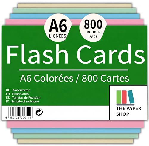 The Paper Shop Fiches de Révision A6 Couleur Lignées - Fiches Bristol Flash Cards (800 Fiches) | Cartes Mémoire pour École & Révisions | Index Cards Flashcards 15,2 x 10,2 cm - 800 Fiches
