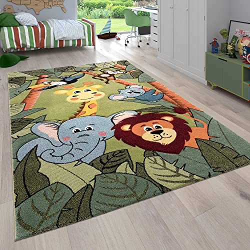 Paco Home Alfombra Habitación Infantil para Niños Motivo De Animales Y Selva Pelo Corto, tamaño:80x150 cm, Color:Verde