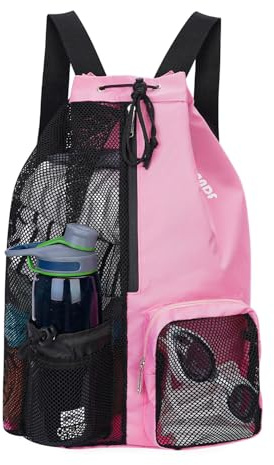 WANDF Swim Bag Mesh Drawstring Backpack with Wet Pocket Beach Backpack for Swimming, Gym, and Workout Gear (Pink)