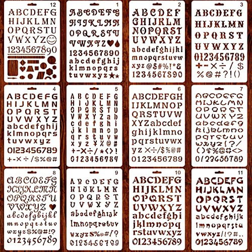 Qpout 12-pack brev- och sifferschabloner för målning, alfabetsmallar för hantverk återanvändbara, barn scrapbooking/kort/vägg/anteckningsbok/födelsedagsfest gåva dekorationer