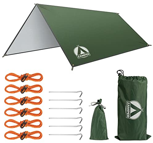 Zamper Tarp Zelt-Plane 3x3m Wasserdicht – Camping Sonnensegel für Sonnenschutz UV-Schutz – Auch für Outdoor & Strand (grün)