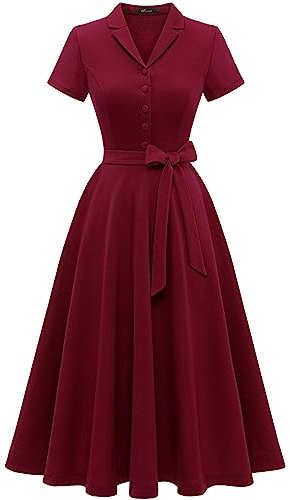 Wedtrend Abito da cocktail vintage da donna, linea A Midilang, con scollo a V, elegante, per il tempo libero, borgogna, M