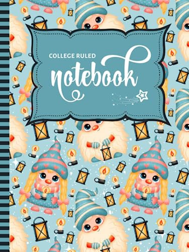 College Ruled Notebook: Hardcover / Large 8.5x11 Composition / 100 Sheets (200 Pages) / Numbered / Note Taking Gift For Back To School - Writing / ... Gnome Candle Lantern Art - Blue White Pattern