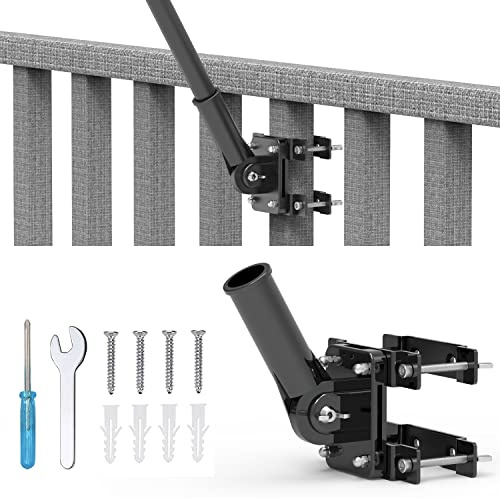 Soporte para mástil de bandera sin perforación para barandilla de balcón, soporte para mástil de bandera perfecto para porche y valla, se adapta a barandillas redondas y cuadradas con parches de