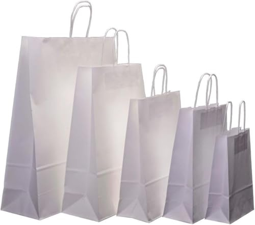 Hot Bargains 100 X Extra Large Size Paper Bag with Handle White Colour SOS Takeaway Round Handle Paper Carrier Bags for Shopping, Gift Bag (100 x White (XL) 32 x 21 x 33 cm)