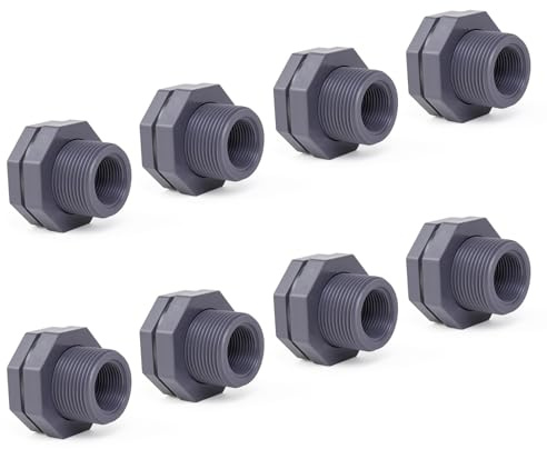 ChillWaves PVC Bulkhead Fitting 1 Double Thread Connector Adapter for Water Tank, Aquariums, Rain barrels(8-PACK)