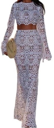 REASERAL Womens Lace 2 Piece Outfits Long Sleeves Round Neck Hollow Out Top Maxi Skirt Vacation Sets, White, Medium