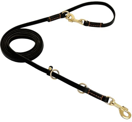 LWBMG Leather Dog Leash 8ft, Multi Function 6 in 1 Leather Leashes for Dogs, Hands Free, Crossbody, Adjustable Waist Belt, Double Ended Training Leash for Medium Large Dogs Black
