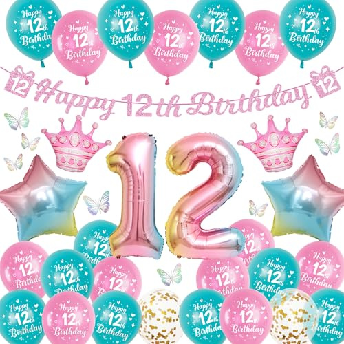 Luftballon Deko 12. Geburtstag für Mädchen - 40 Stück Rosa Geburtstagsdeko Set mit Happy Birthday Girlande, Bunte 3D Schmetterlinge und Zahlenballons für das 12 Jahre Kindergeburtstag