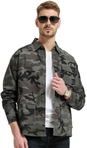 SungerdasaCamisa Hombre Militar Camuflaje Algodón Camisa de Trabajo Vintage con Múltiples Bolsillos Manga Larga Botones y Estilo Militar Casual para Exteriores