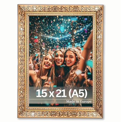 VictoR Vermeer Cadre photo vintage doré 15 x 21 cm (A5) – Cadre baroque antique avec verre acrylique – Paroi arrière en MDF stable – Pour format portrait et paysage – Cadre photo A5 doré
