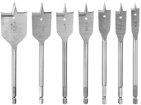 sourcing map Juego de 7 brocas planas de pala con vástago hexagonal de cambio rápido de 1/4 pulgadas para carpintería, fibra de vidrio, tono plateado