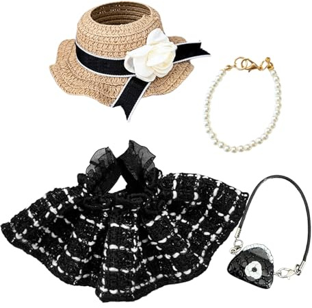 17 cm dockkläder, eleganta dockkläder, tillbehörsset med 1 klassisk checkklänning, 1 halmhatt, 1 halsband, 1 blomväska för flickor, födelsedag, utan docka