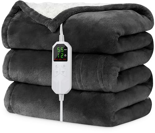 Netraty Heated Blanket Electric Throw 180x130CM, 8 Heat Levels & 12H Auto-Off Timer & LED Display Heating Blanket, Soft Flannel Sherpa, Sofa Bed Office Use, Overheat Protection Machine Washable (Grey)