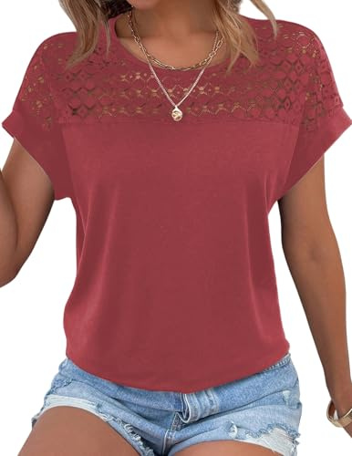Zeagoo T-shirt damer, sommar, spets, toppar, rund hals, basic-skjorta, blus, kortärmad elegant för kvinnor