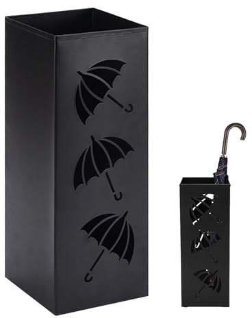 OUTALIZ Portaombrelli, 42 x 16 x 16 cm, Nero, Metallizzato, Ferro, 1 portaombrelli quadrato autoportante per ombrelli, bastoni, carta da imballaggio