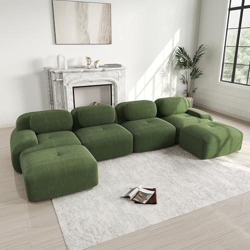 Muskel Moderno divano ad angolo modulare a 4 posti, a forma di U, con ottomano mobile, senza montaggio, per il soggiorno (verde, 4 posti+2)