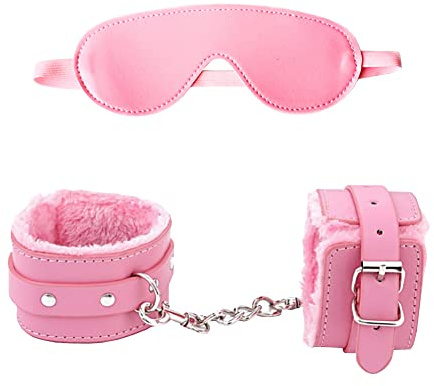 binxliuxo 2PCS Pu Pelle Benda Sonno Occhio Maschera e Peluche Manette Regolabili Polsini alla Caviglia Morbidi Bracciali da Polso per Coppie Rosa.