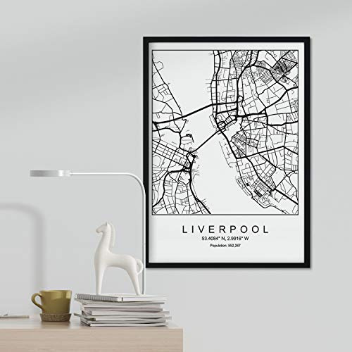 Nacnic Lámina Mapa de la Ciudad Liverpool Estilo nordico en Blanco y Negro. Poster tamaño A3 Sin Marco Impreso Papel 250 gr. Cuadros, láminas y Posters para Salon y Dormitorio