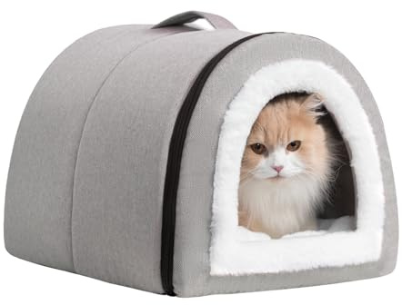 Hollypet Cat Bed Self-Warming 2 in 1 Foldable Kitty Cave Hut House Nest Pet Sleeping Bed, Linen Pet Condo for Indoor Cats, Gray Arched Cave
