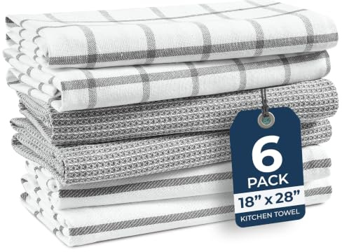 LANE LINEN Tea Towels Set - 6 Pack, 18”x28”, 100% Cotton Kitchen Towels, Absorbent & Quick-Drying Dish Towels Set with Hanging Loop - Grey
