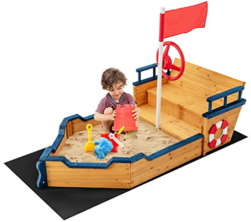 Maxmass Kids Wooden Sandpit, Children Large Sandbox with Non-woven Fabric, Storage Benches and Backrest & Armrest, Pirate Ship Sandboat for Outdoor Backyard Garden Beach