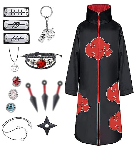 JMOCD Déguisement Akatsuki Hidan Itachi Costume Halloween Adulte Enfant Cape, Akatsuki Cosplay Anneau Bandeau Bague Collier Accessoires Carnaval Tenue Manga pour Homme Femme Fille Garcon (XXL)