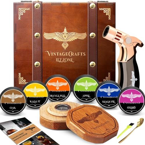 iEZZONE Whiskey Smoker Kit with Torch, Drinks| Cocktail Smoker Kit| Bourbon Smoker Kit with Torch,6 Flavor of Wood Chips,Old Fashioned Smoker Kit,Birthday Gifts for Men,Dad,Husband (No Butane Incl.)