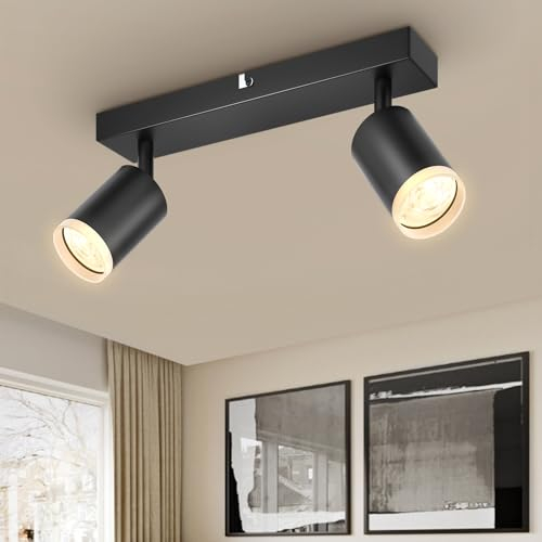Dehobo Lámpara de Techo con 2 Focos Giratorios, Lámpara de Pared Interior LED Negro Ajustables GU10, Foco de Pared para Interior Iluminación para Dormitorio Pasillo Cocina, Sin Bombilla