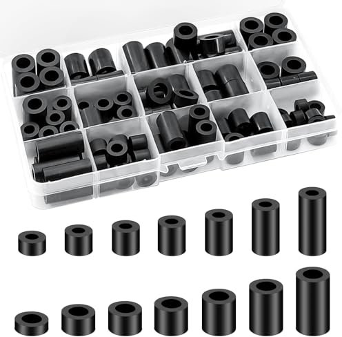 euluoziqing 90pcs ABS Round Spacers Washer Assortment Kit, Insulation Spacer for M6 M8 Screws, Non-Threaded Column Standoff Support Spacer with Storage Box, 14 Different Sizes (Black)