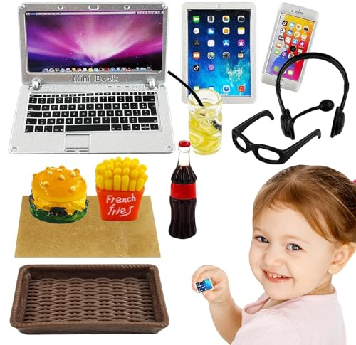 NOCHME Puppenhaus Zubehör Miniatur Wichtel Deko Set 1/12 Mini Laptop Tablet Handy Brille Hamburger Cola Pommes Getränke Tablett Puppenzubehör Szene Simulation Möbel Weihnachten Dekoration
