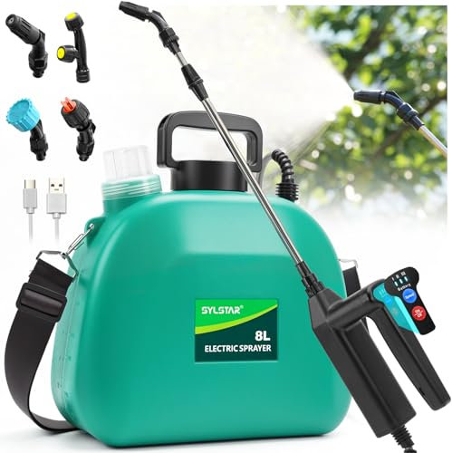 SYLSTAR Drucksprüher 8L, 7.4V Stärkerer Elektrischer Pflanzensprüher mit 4 Verstellbaren Düsen,3 Sprühgeschwindigkeiten und 60cm Teleskopstab Akku Drucksprüher für Gartenspritze, Unkrautspritze