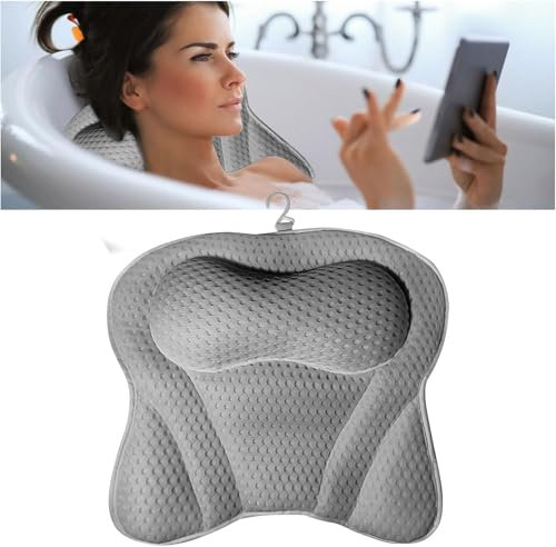 Cuscino da Bagno, Cuscino Vasca da Bagno 4D Air Mesh con 6 Ventose Antiscivolo, Poggiatesta Ergonomico per Testa, Collo e Schiena, Cuscino Spa Domestica Antimuffa (Grigio)