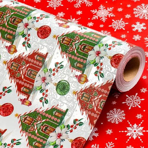 Wikadlik House Weihnachts-Geschenkpapier, 43 cm x 10 m, Mini-Rolle, traditionelles Weihnachtsball- und Dahlien-Muster, Metallic-Silber, Geschenkpapier für Feiertage, festliche Feiern, DIY Handwerk