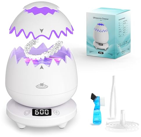 Pulitore ad ultrasuoni, 45000 Hz, pulitore ad ultrasuoni, 180 ml, Dental UV Pod, 25 WUltrasonic per protesi dentarie, 4 modalità, allineatori, parentesi graffe, gioielli, serbatoio rimovibile e design