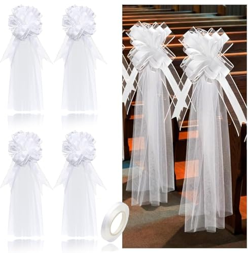 YYUEZHI 4 Piezas Lazo Gigante para Regalo Coche, Lazos De Sillas para Bodas, Lazo Grande Blanco, Tul, Decoración para Bancos De Iglesia, para Bodas, cumpleaños, Navidad, Fiestas, 40 x 120 cm