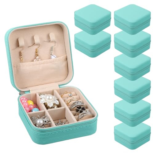 8 Pack Travel Jewelry Case Small Travel Jewelry Box Bridesmaid Gifts Jewelrys Box, PU Leather Small Jewelrys Case Organizer Storage for Rings Earrings Necklaces, Beauty Gifts for Women Girls (Green)